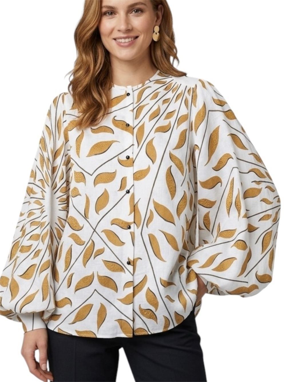 Dorothee Schumacher Buttoned Blouse Size 4 Large White Gold Leaves